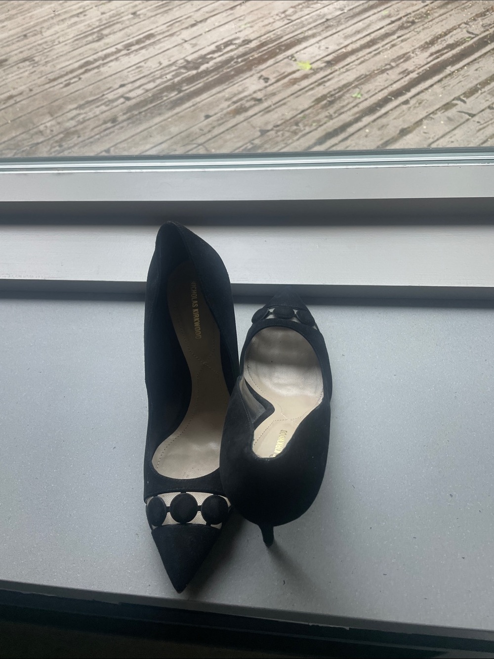 Nicholas Kirkwood Black Suede Pointed-Toe Heels with Circular Cutouts